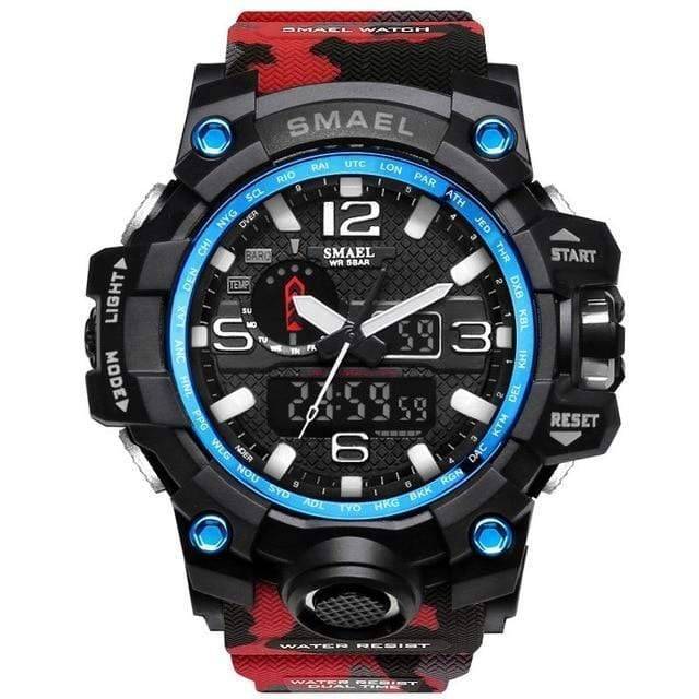 Black men's sports watch with analog and digital time, ready for adventure.