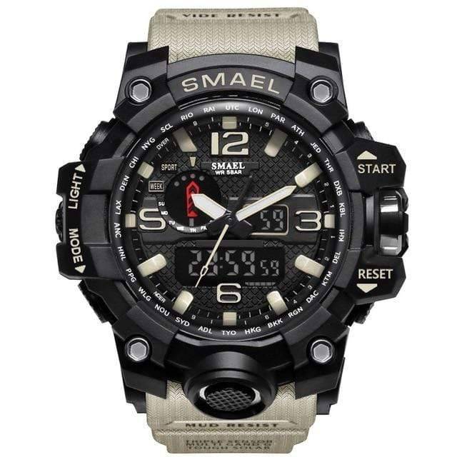 Rugged men's tactical sports watch with water-resistant dual display.