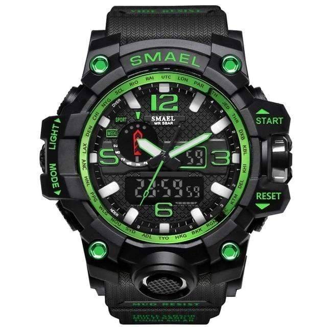 Durable black military men's watch featuring analog and digital time.