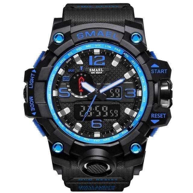 Close-up of men's military dual display watch showing time and date.