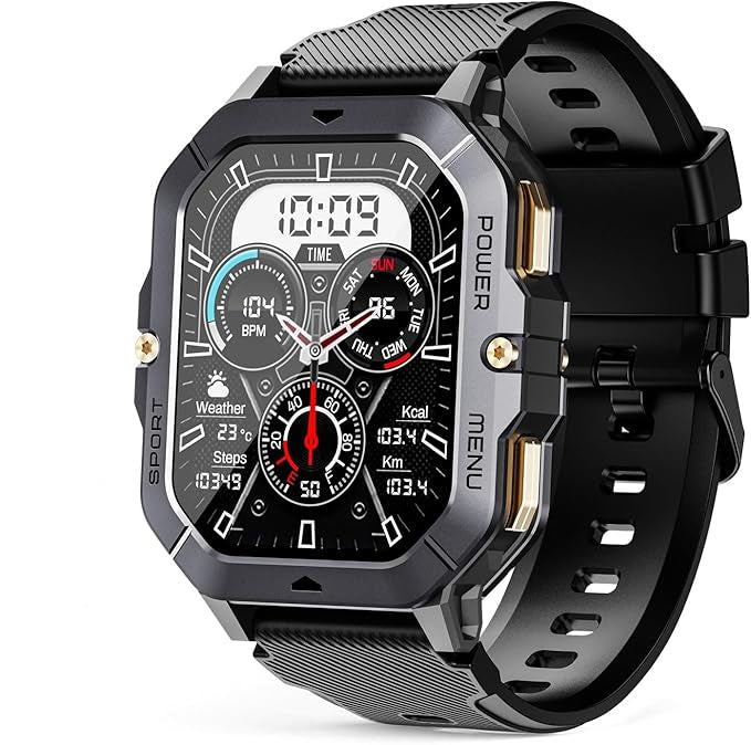 Men's rugged tactical outdoor smartwatch. Waterproof, fitness tracker, health monitor, & long battery.