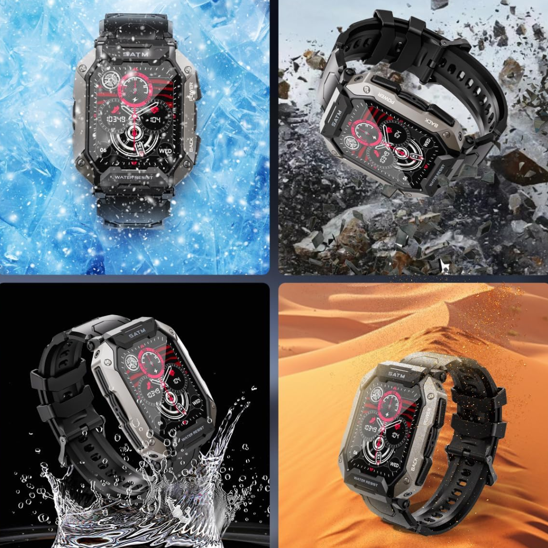 Rugged men's outdoor tactical smartwatch. Adventure-ready, waterproof, with calling & health monitoring.