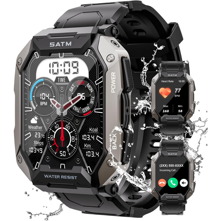 Men's durable tactical smartwatch for outdoor activities. Waterproof, fitness tracker, & long battery life.