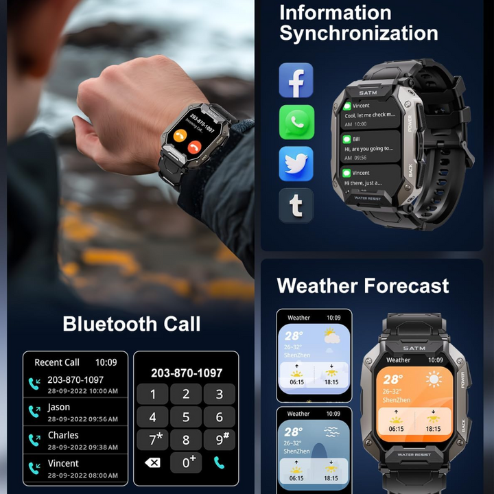 Tactical men's calling smartwatch. Rugged outdoor watch with health monitor, waterproof & long battery.