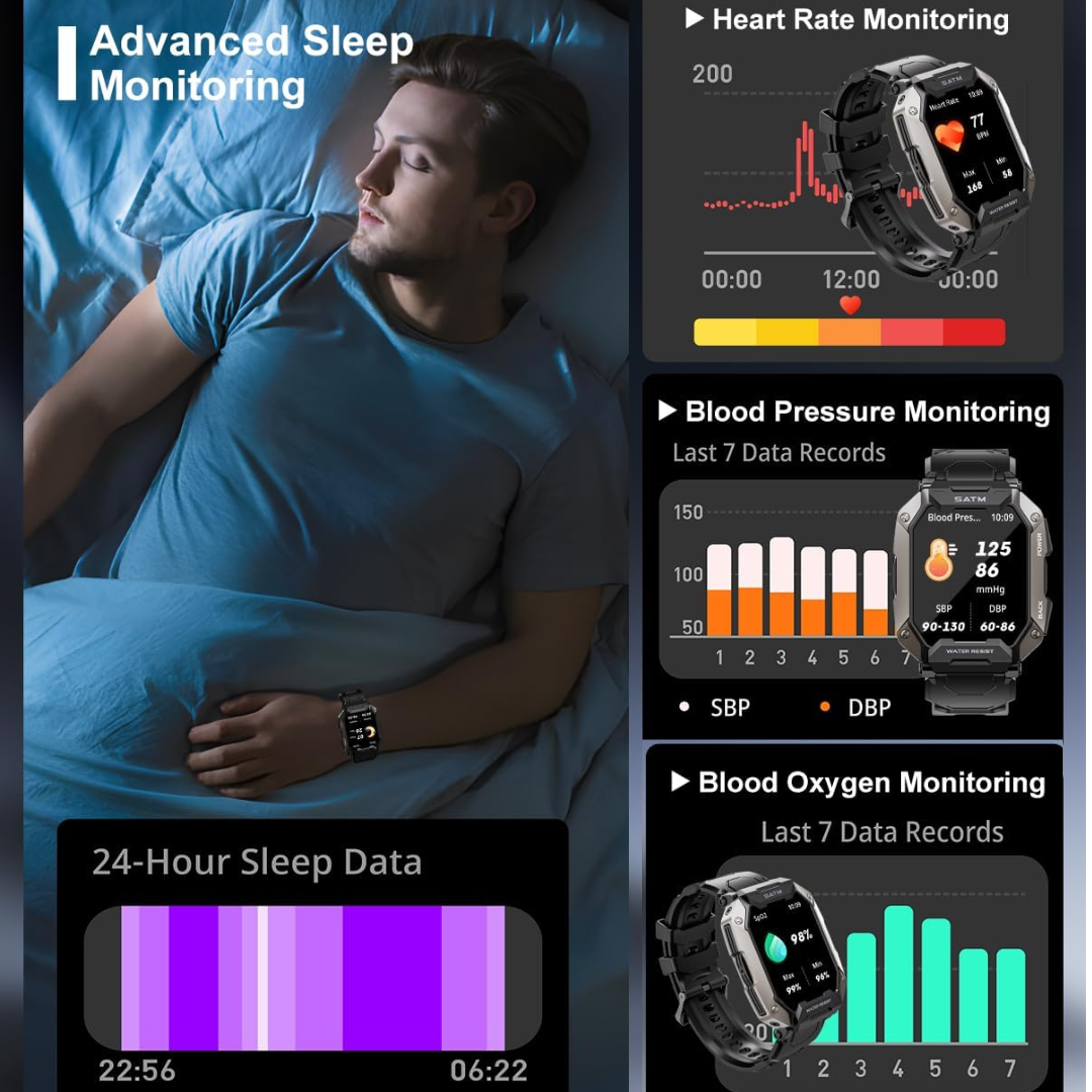 Adventure gear: Men's rugged outdoor tactical smartwatch. Waterproof, fitness & health tracking.