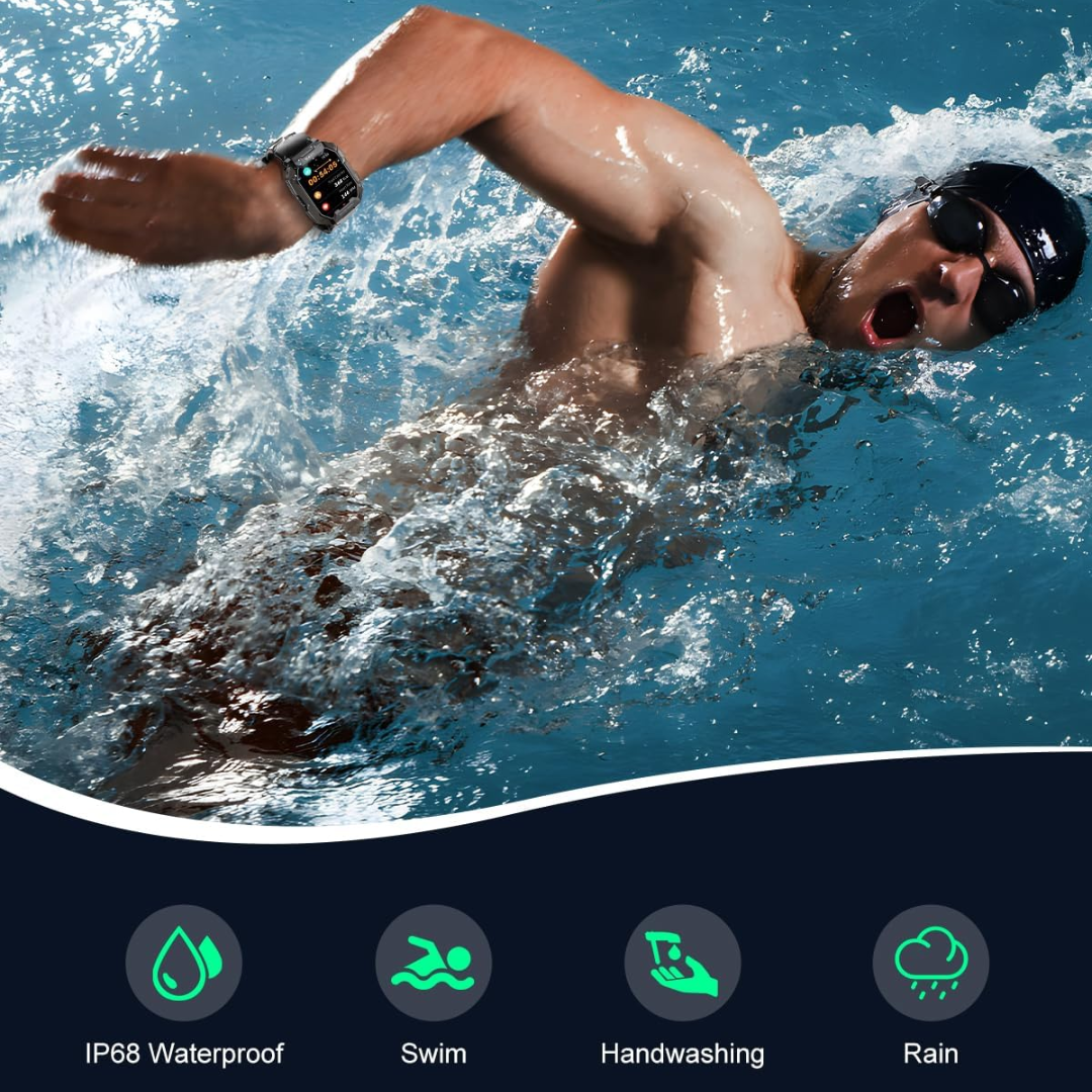 Durable men's tactical smartwatch. Waterproof outdoor watch with fitness tracker and health monitor.