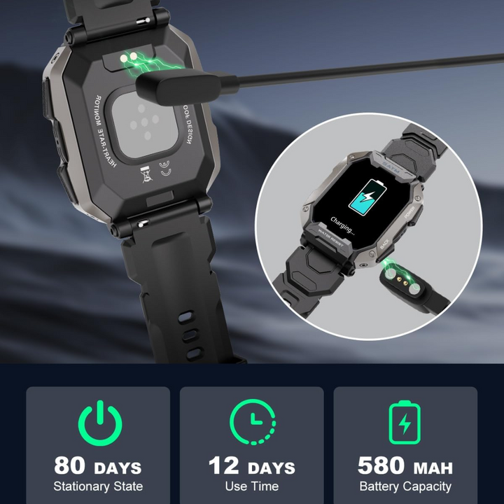Men's rugged outdoor tactical smartwatch. Waterproof, long battery, fitness & health monitor, calling.