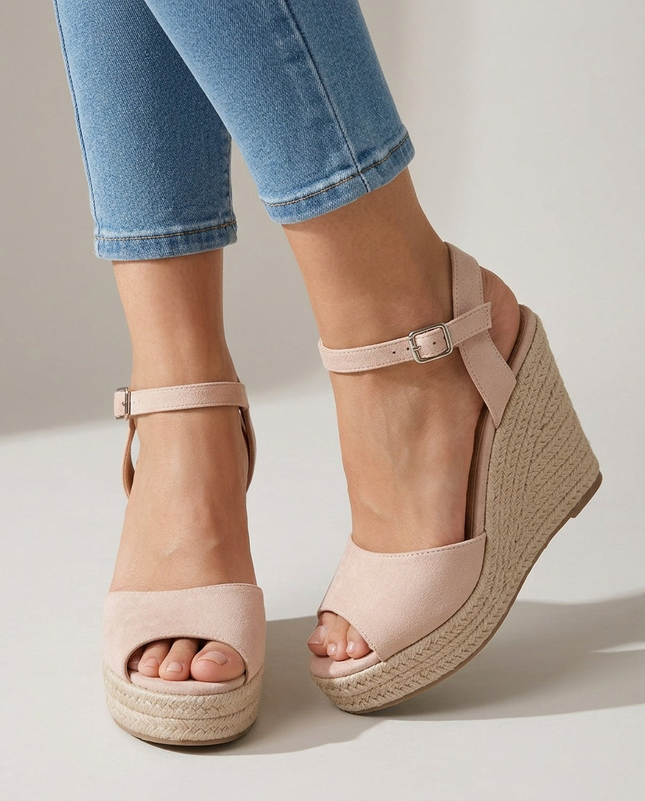 Comfortable open-toe espadrille wedge sandals for women, featuring a secure braided ankle strap design.