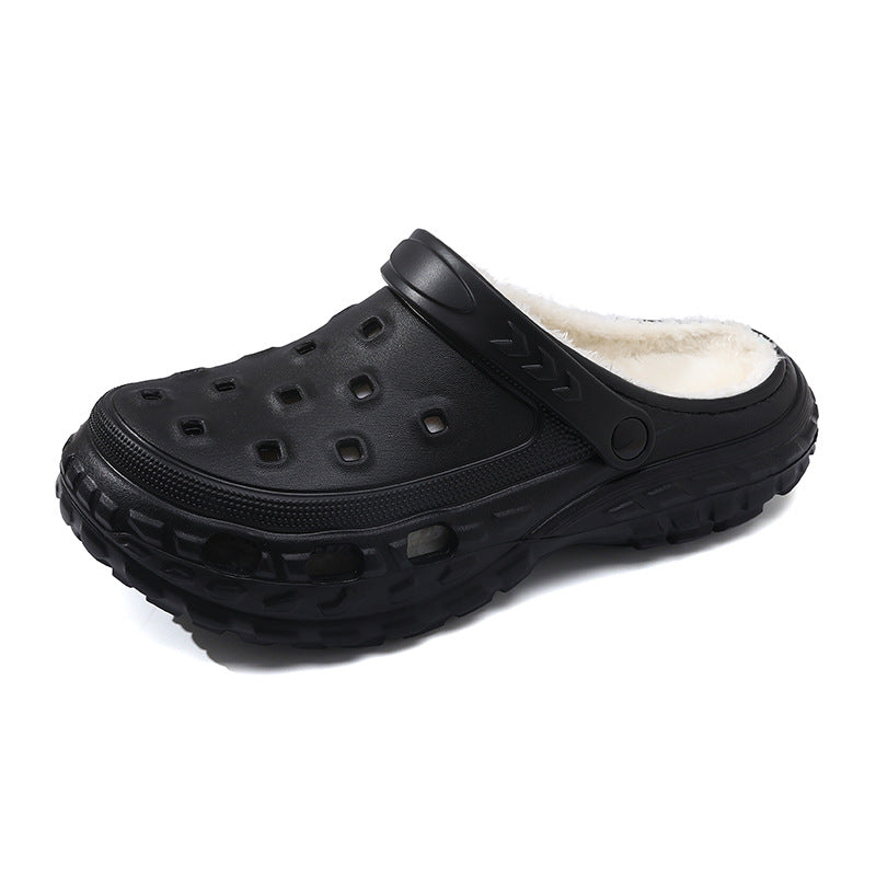 Side view of chunky platform clogs. Unisex, plush-lined & cozy slip-on footwear.