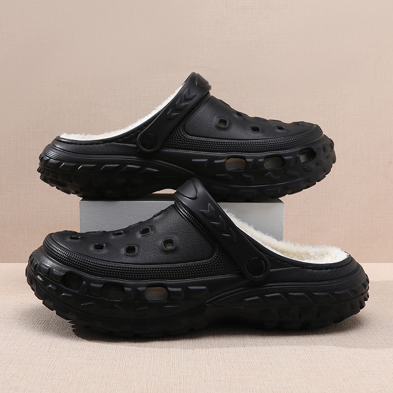 Top view of plush-lined unisex clogs, showcasing cozy texture & chunky platform.