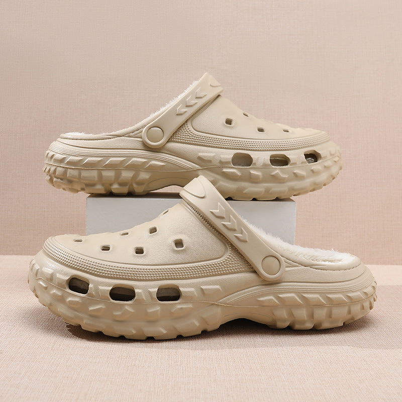 Pair of cosy chunky platform clogs. Unisex, plush-lined for warm, comfortable slip-on wear.