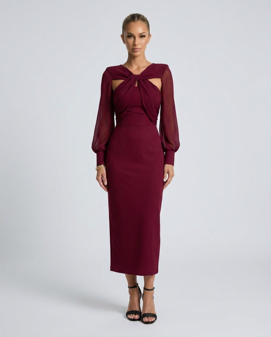 Elegant burgundy midi dress with twist-front detail, long sleeves & stylish cut-outs. Perfect for parties & dates.