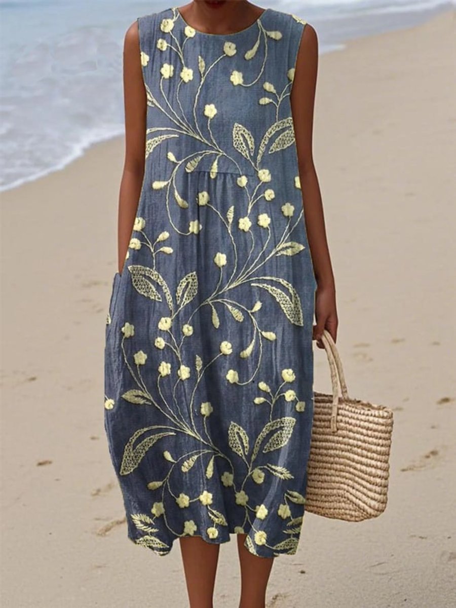 Women's effortless floral sleeveless midi dress for casual summer outings. Comfortable swing style with a vibrant print.