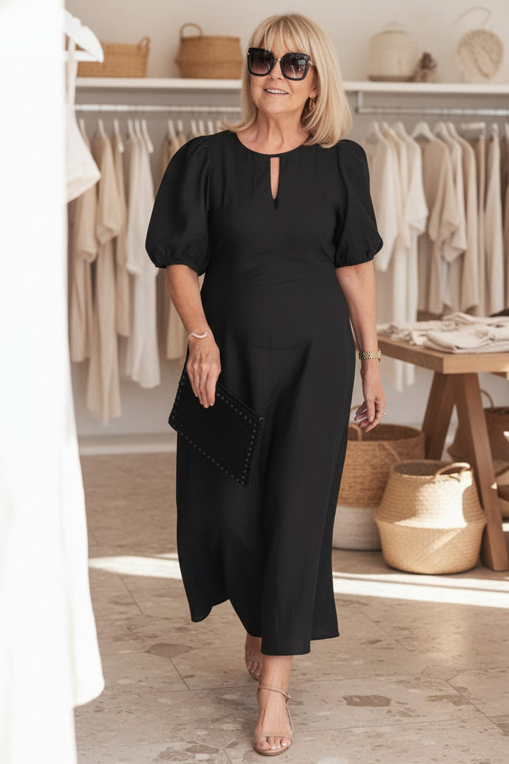 Women's elegant puff sleeve midi cocktail dress, perfect for evening parties & formal occasions.
