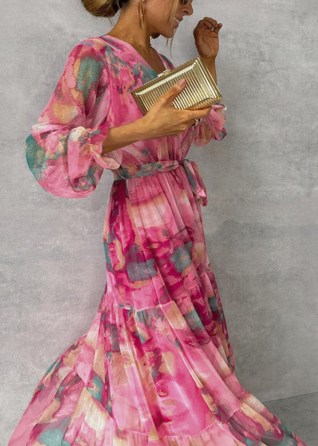 Women's long sleeve V-neck floral wrap maxi dress with tiered skirt. Ideal spring/summer races attire.