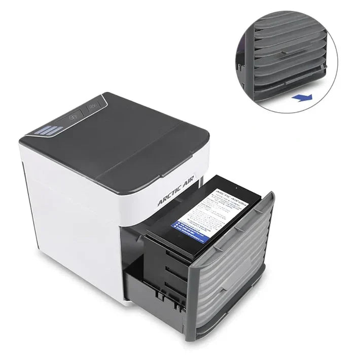 Compact desktop mini air conditioner. Quiet USB-powered personal cooler with LED light for home or office.