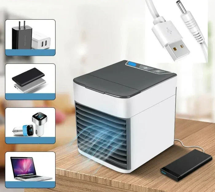 Mini air conditioner & personal cooler with LED light. Functions as humidifier & air purifier for ultimate comfort.