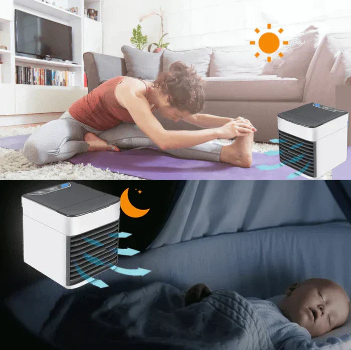 White portable mini air conditioner. Quiet USB-powered desktop fan & personal cooler with LED light.