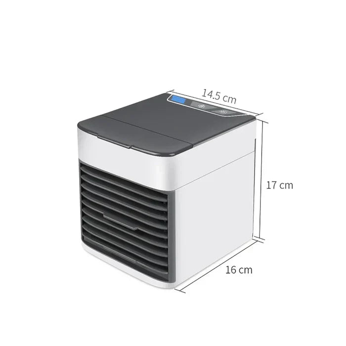 Portable personal mini air conditioner. White desktop fan with LED light, USB powered for cooling any space.