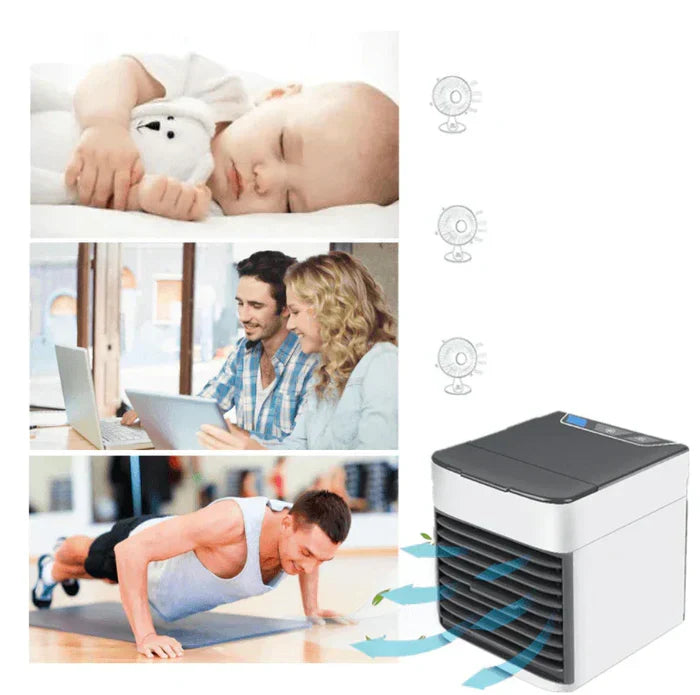 ChillWave portable mini air conditioner for personal cooling. White, quiet, USB-powered with LED light and fan.