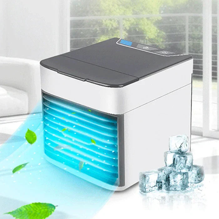 White ChillWave mini air conditioner with LED light. USB powered for quiet personal cooling.