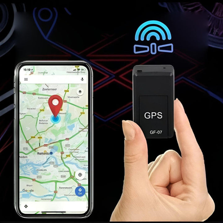 Overview of the mini magnetic GPS tracker alongside its packaging, ready for asset tracking.