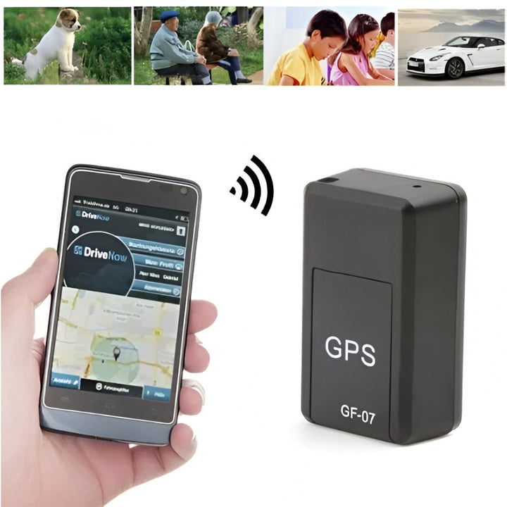 Close-up of the mini magnetic GPS tracker, highlighting its compact and durable design.