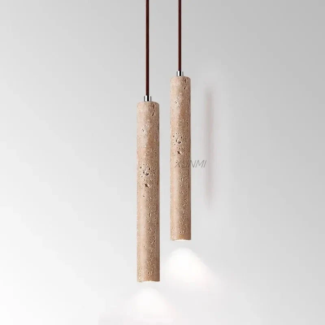 Minimalist Travertine LED Chandelier, LumoLine style pendant light in natural stone.