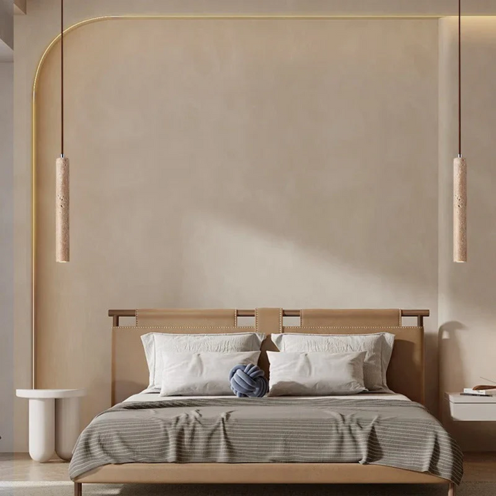 Modern home decor featuring a LumoLine travertine pendant light, Wabi-Sabi style.