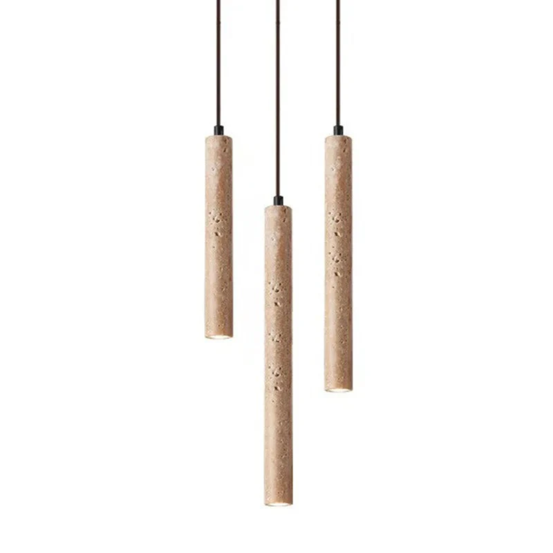 LumoLine pendant light with natural travertine, offering warm ambient lighting.