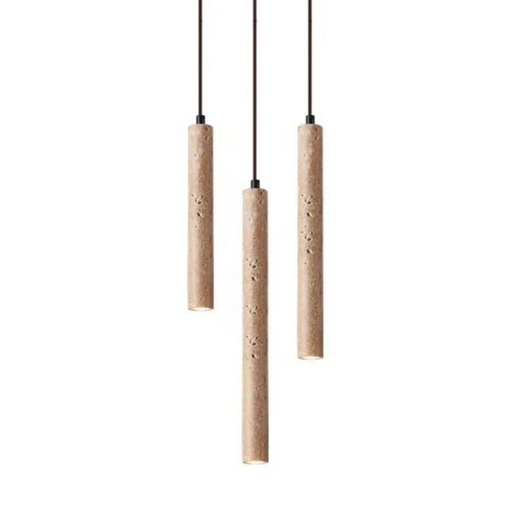 LumoLine pendant light with natural travertine, offering warm ambient lighting.