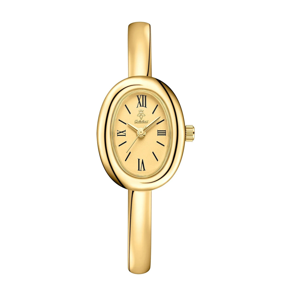 Close-up of minimalist women's watch dial. Elegant stainless steel timepiece with clean, simple design.