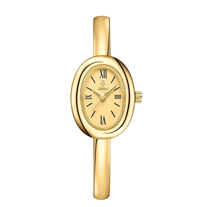 Close-up of minimalist women's watch dial. Elegant stainless steel timepiece with clean, simple design.