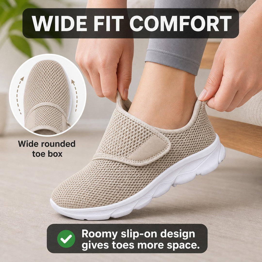 Practical wide fit slip-on walking shoes for women, excellent for errands & strolls.