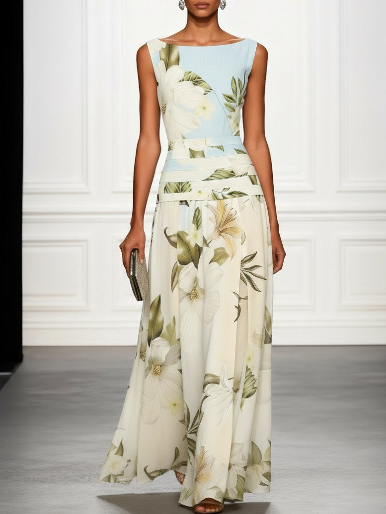 Women's elegant floral maxi dress with boat neckline, perfect for summer occasions.