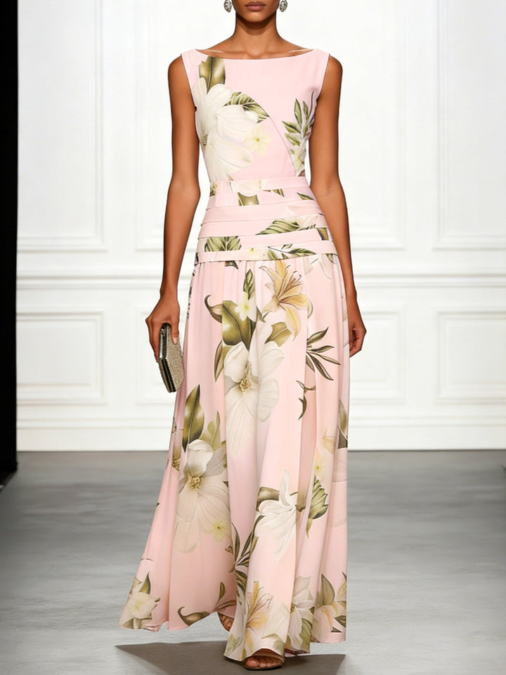 Women's floor-length floral maxi dress, elegant boat neckline, sleeveless A-line for occasions.