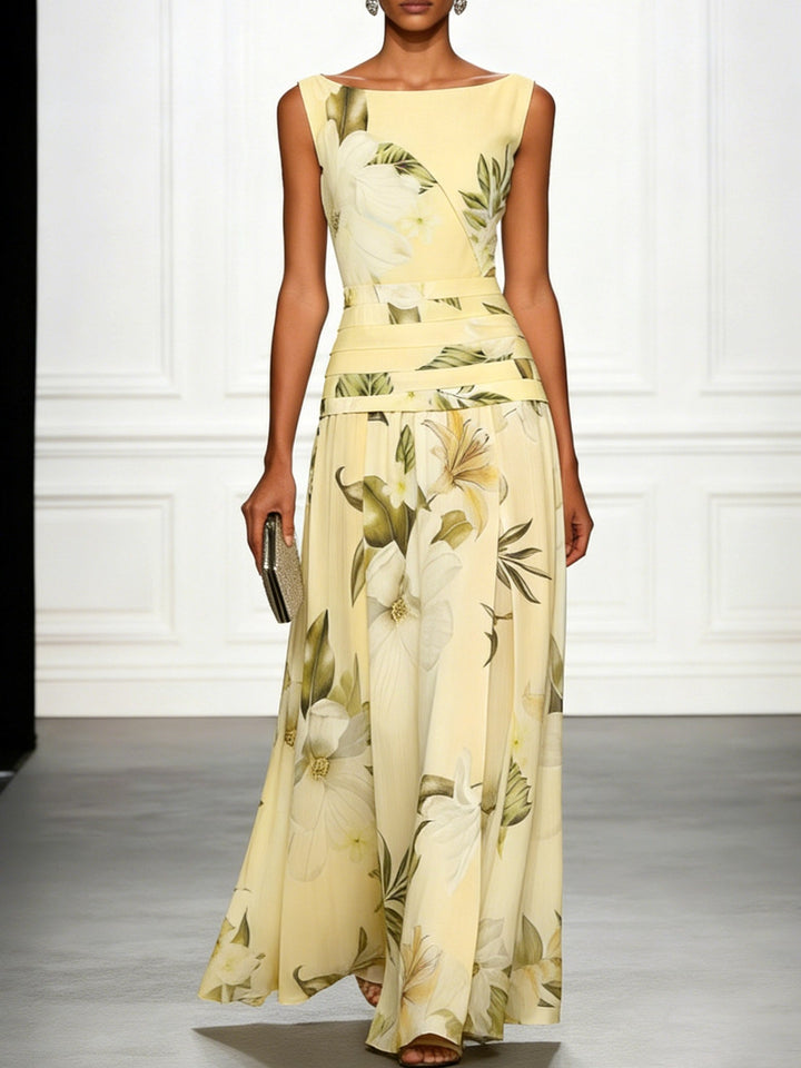 Chic women's floral maxi dress with a boat neckline, perfect for summer formal events & garden parties.