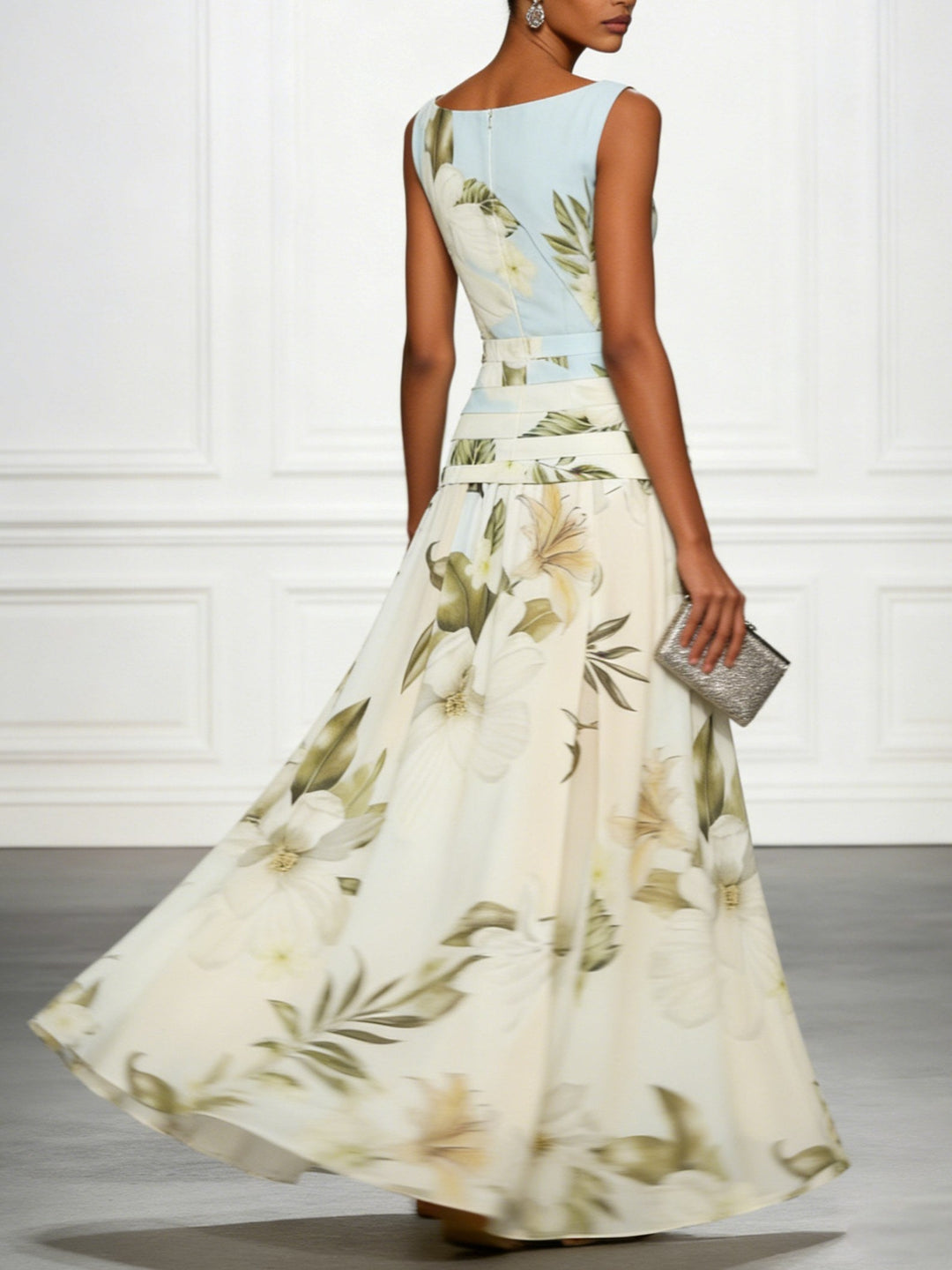 Sleeveless A-line floral maxi dress for women, featuring a sophisticated boat neckline.