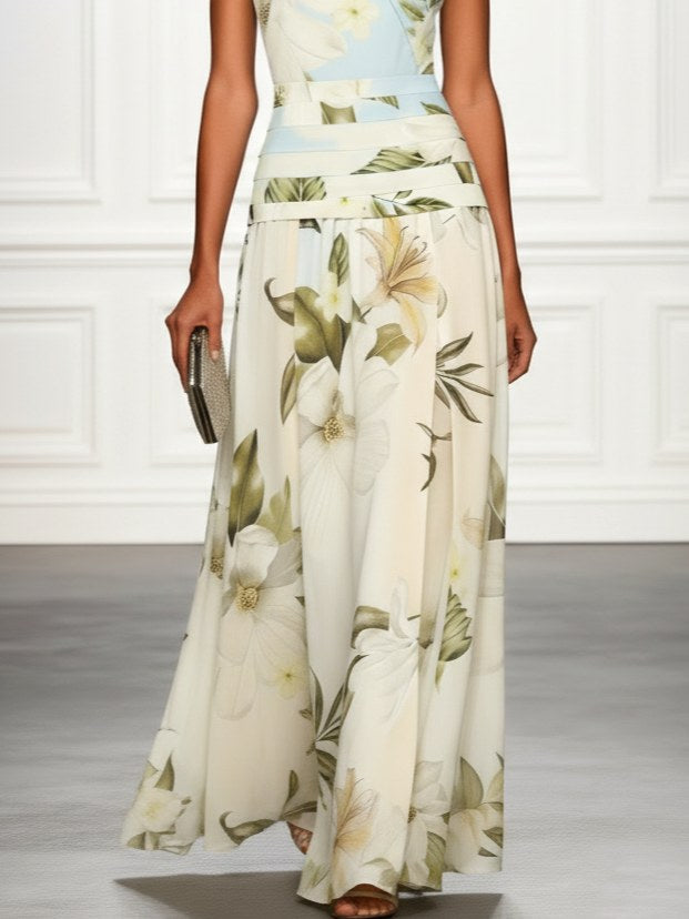 Elegant women's floral maxi dress, ideal for wedding guests & garden parties. Boat neckline.