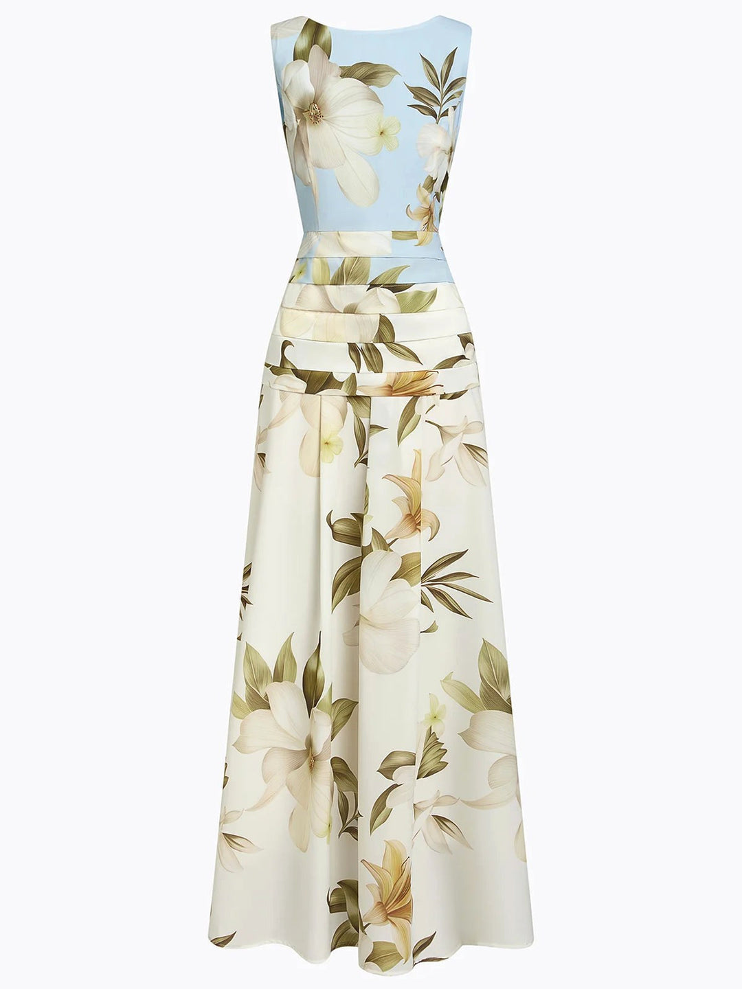 Floor-length floral maxi dress with a boat neckline, a chic sleeveless design for women.