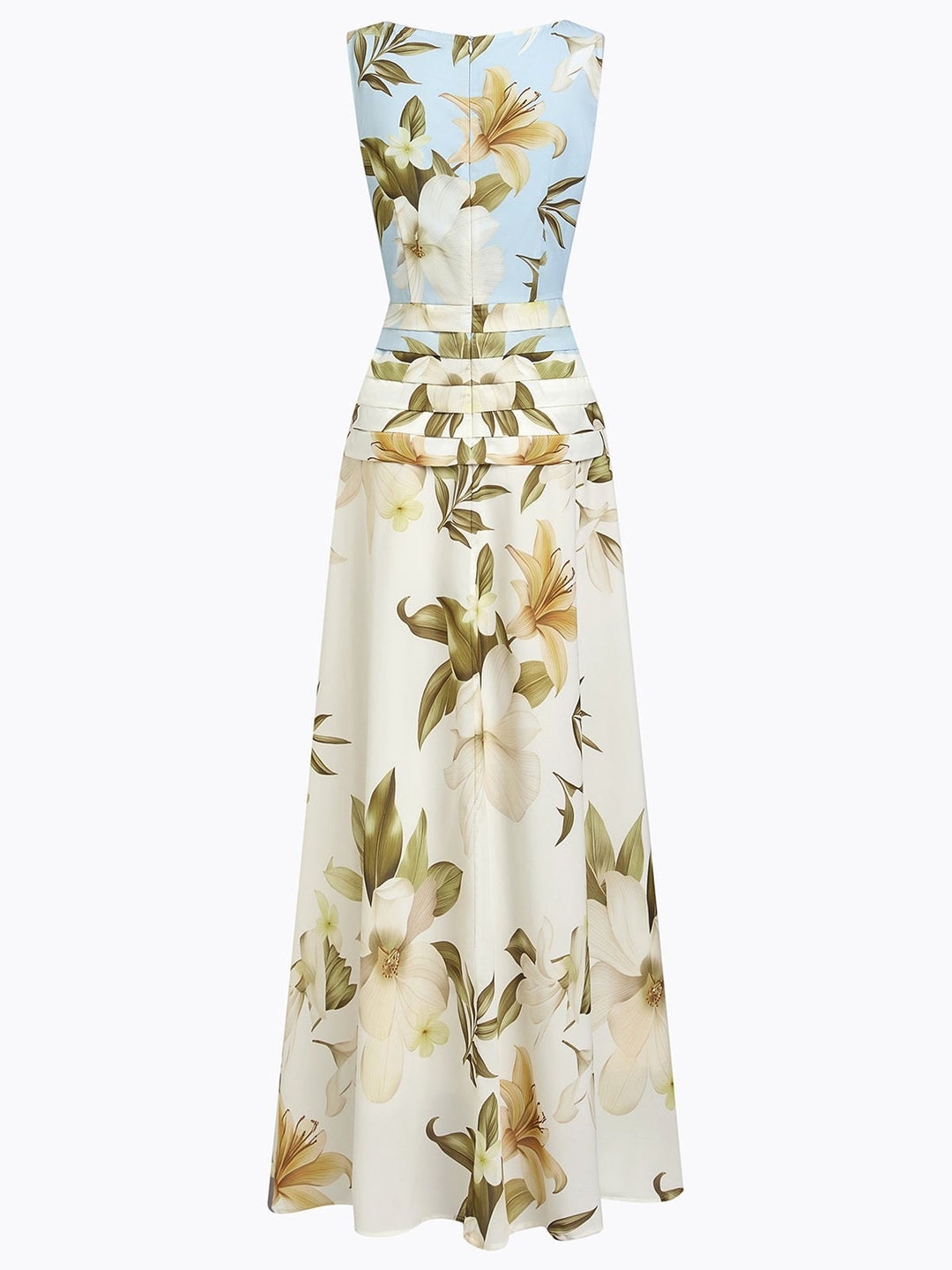 Formal floral maxi dress for women, elegant boat neck & sleeveless design for special events.