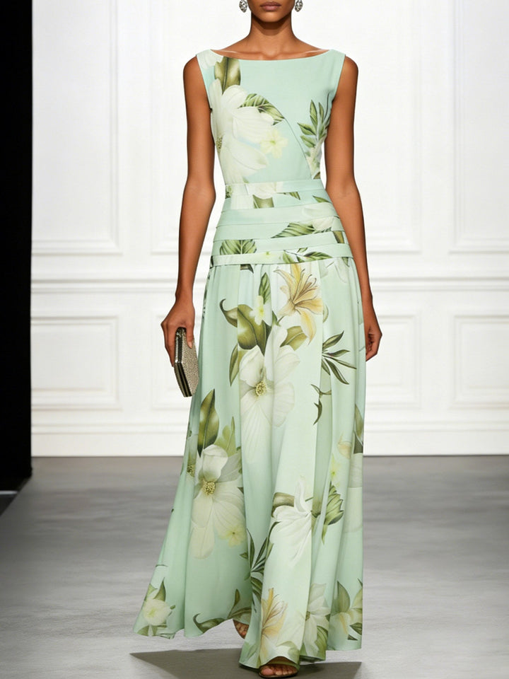 Women's elegant floral maxi dress, boat neck. Sleeveless, A-line for summer occasion wear.