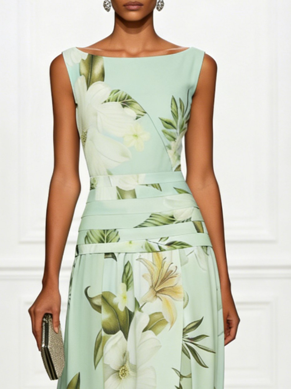 Flowy A-line floral maxi dress for women, featuring an elegant boat neck & sleeveless style.