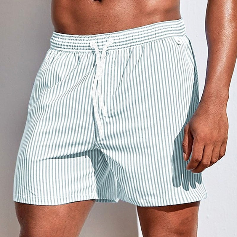Men's summer striped swim shorts, drawstring waist, relaxed fit. Ideal beachwear and vacation casual shorts.