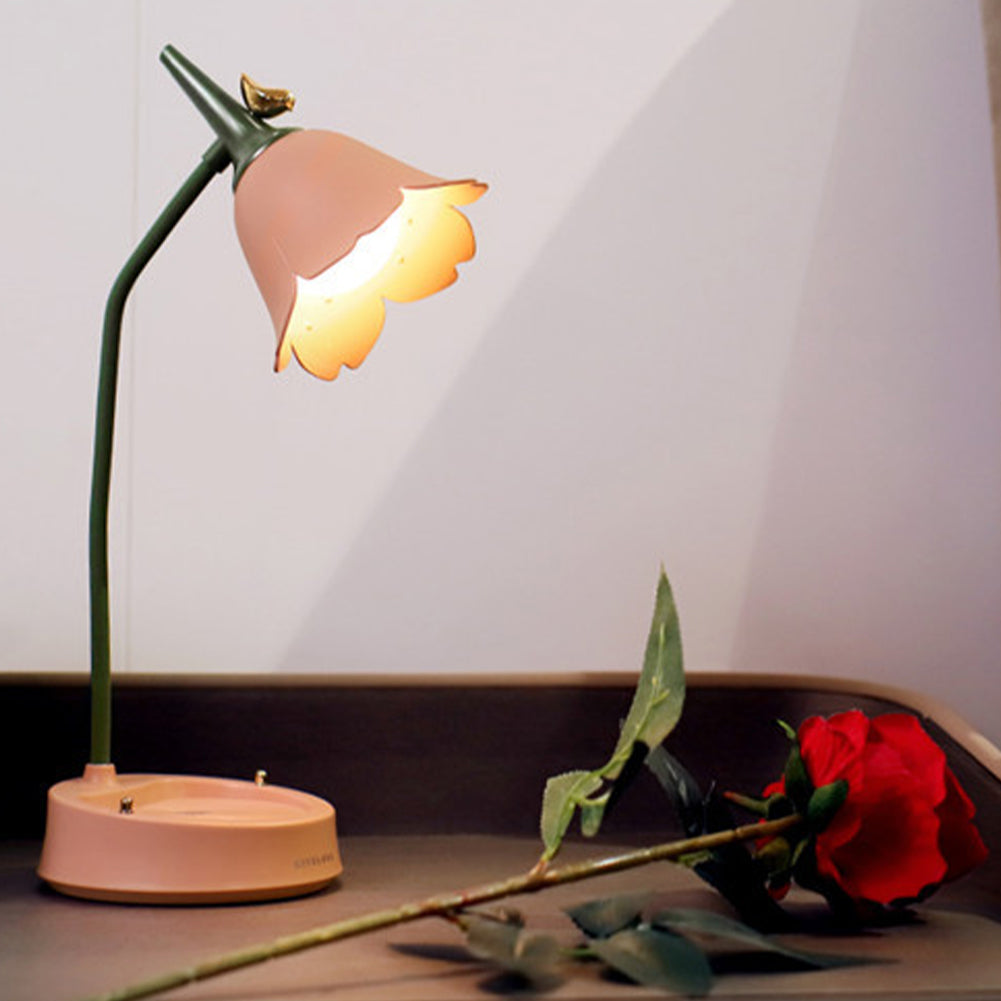 Portable yellow floral LED lamp with touch control, dimmable, great for ambient light.