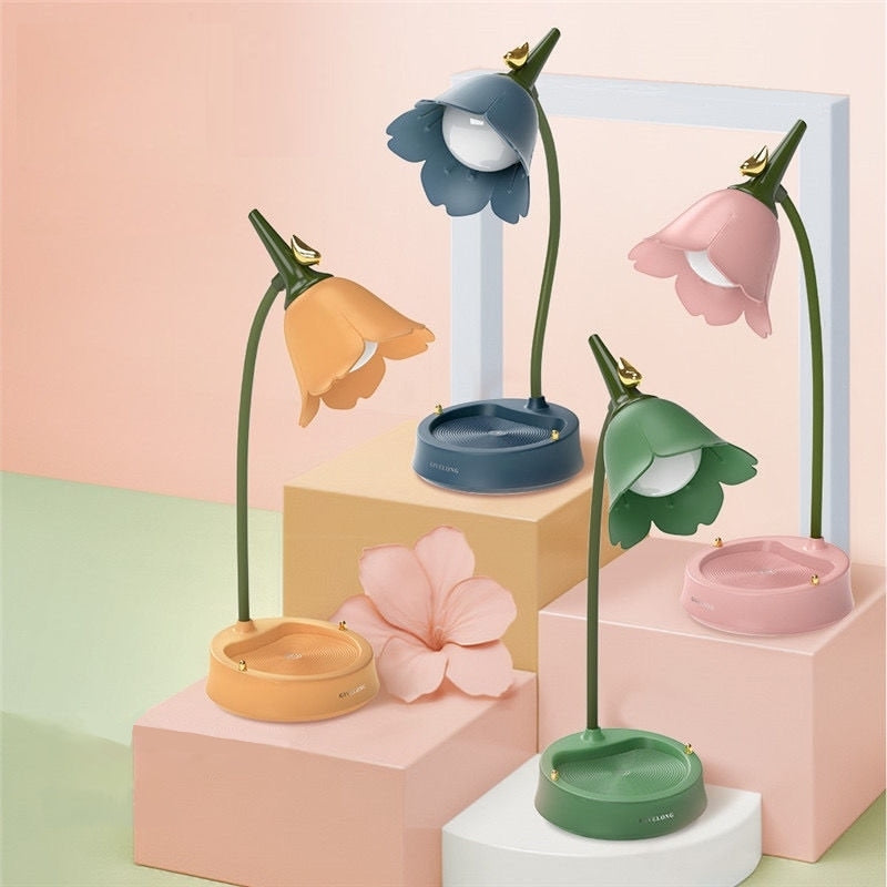 Charming pink floral LED desk lamp, dimmable & portable, perfect for bedside or office.