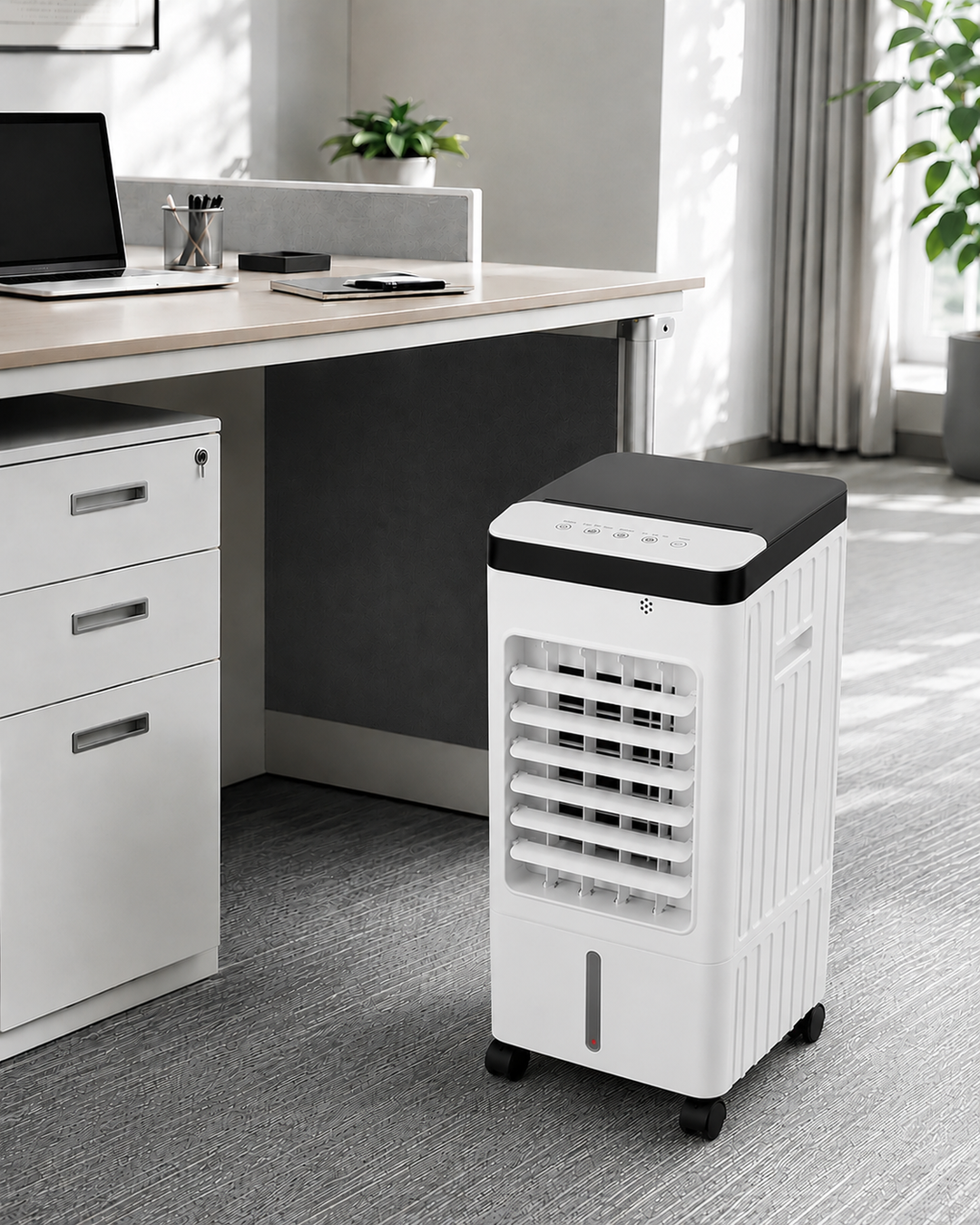 Universal portable AC with quiet cooling, humidifying, and air purifying for home comfort & office use.