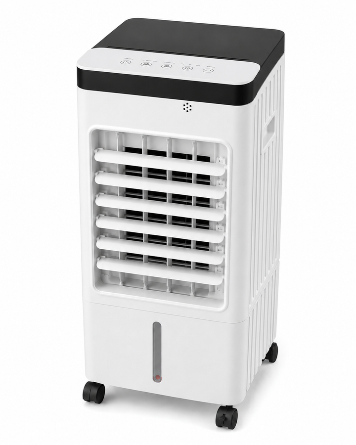 Sleek portable air cooler, quiet & powerful, ideal for personal comfort in any room or office space. Easy to move.