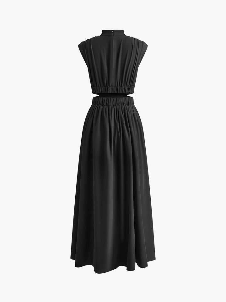 Women's Mock Neck Cut-Out Maxi Dress - Pleated Skirt