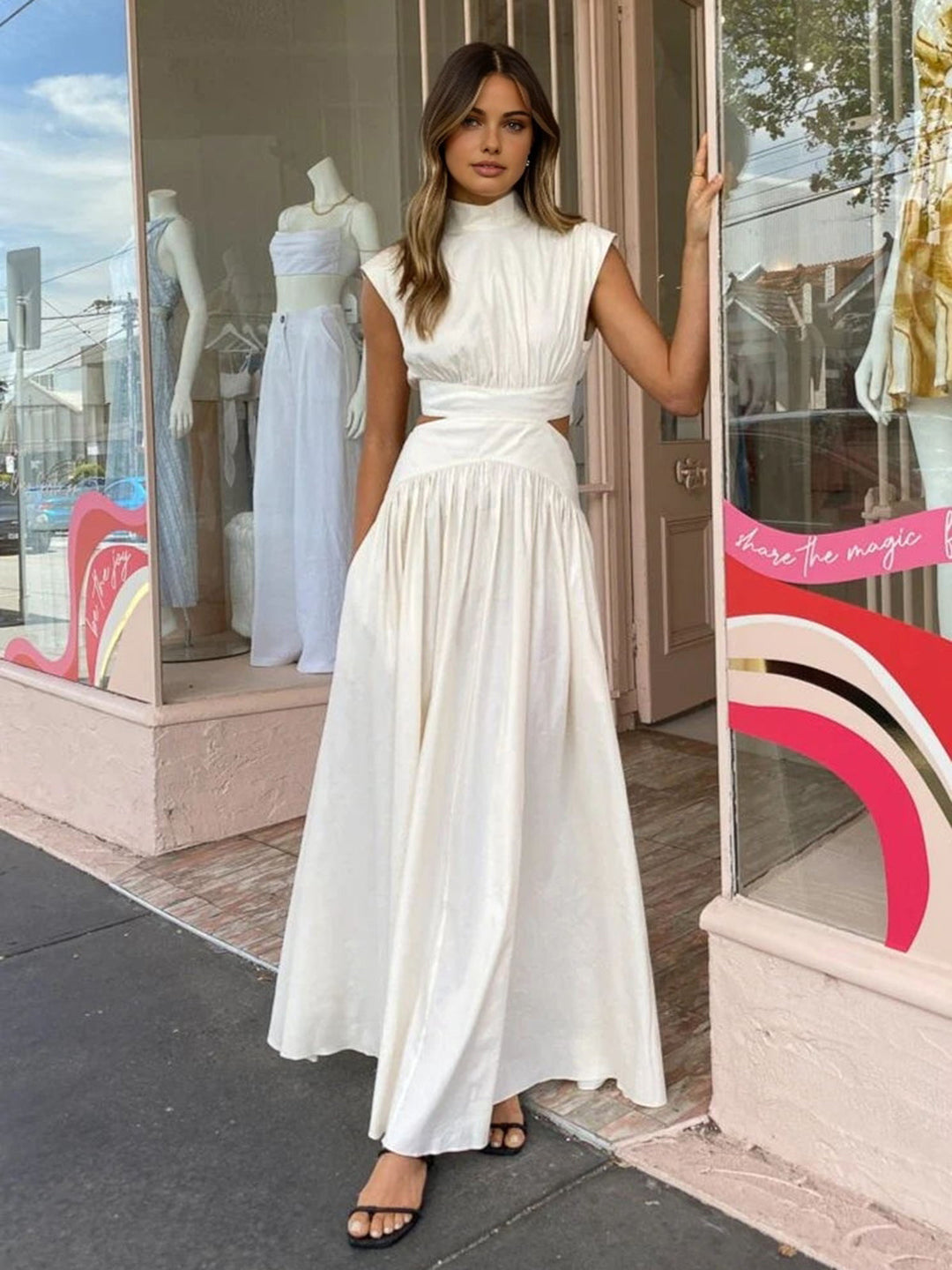 Women's Mock Neck Cut-Out Maxi Dress - Pleated Skirt